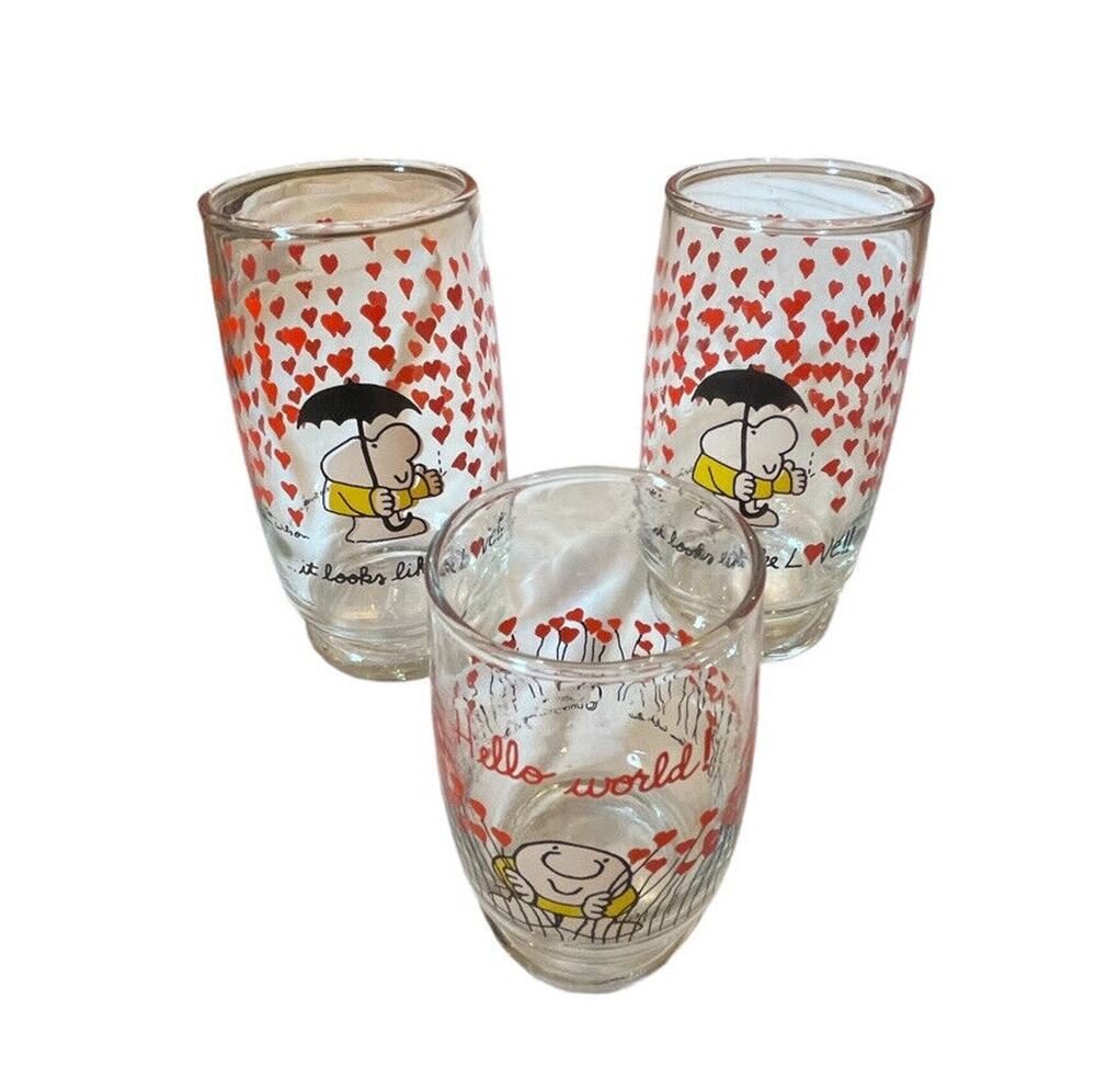 ZIGGY 3 Glasses Tumbler Cup Universal Press 1979 VTG Looks Like Love Hello World